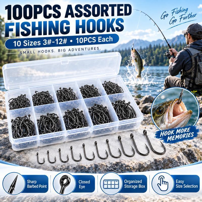 Fishing Hook Assortment - 100PCS Barbed Fishing Hooks Set, 10